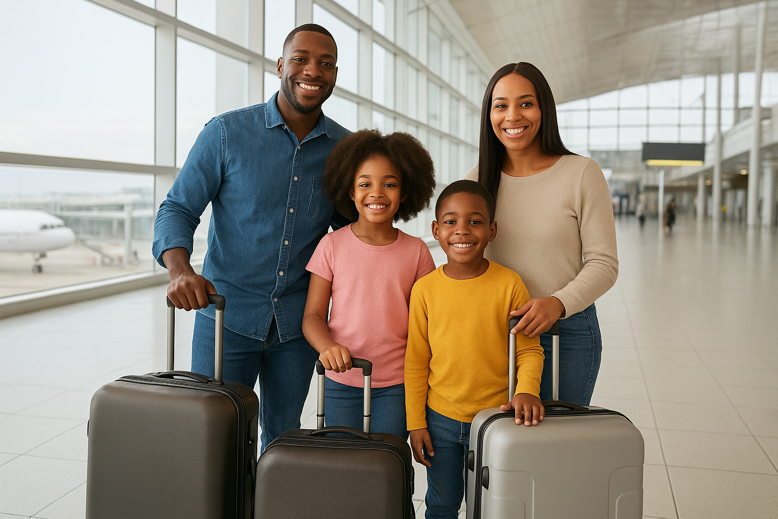 happy family - JAPA TRAVEL CLUB - WITH THEIR LUGGGAGE AT AIRPORT
